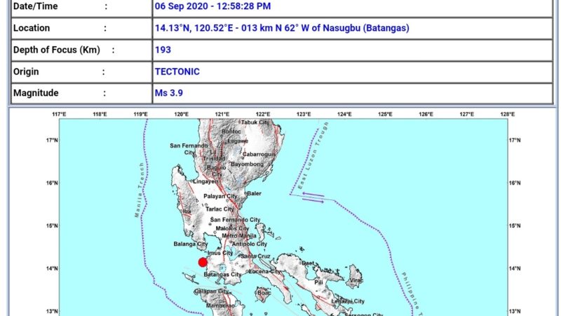 Batangas niyanig ng magnitude 3.9 na lindol