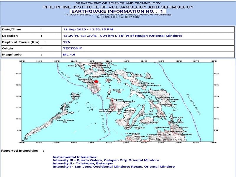 Naujan, Oriental Mindoro niyanig ng magnitude 4.6 na lindol