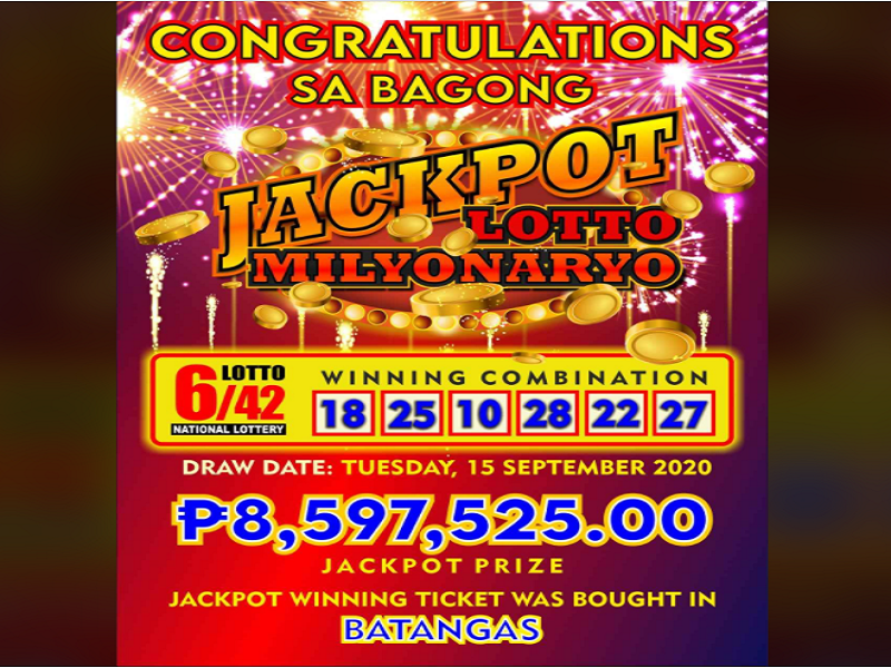 Bettor mula Batangas, wagi ng mahigit P8.5M sa 6/42 lotto