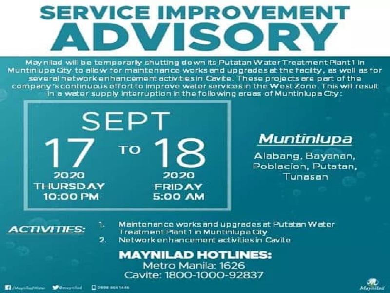 Service interruption ng Maynilad sa ilang lugar sa Las Piñas, Parañaque, Pasay, Muntinlupa at Cavite magsisimula na mamayang gabi