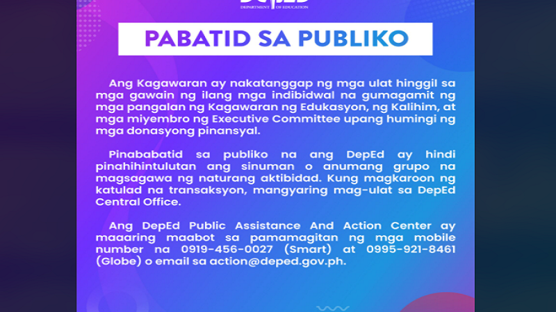 DepEd ginagamit ng ilang indibidwal para makahingi ng donasyong pinansyal