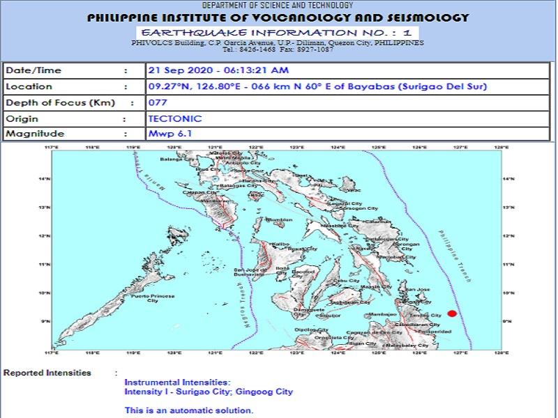 Bayabas, Surigao del Sur ng magnitude 6.1 na lindol