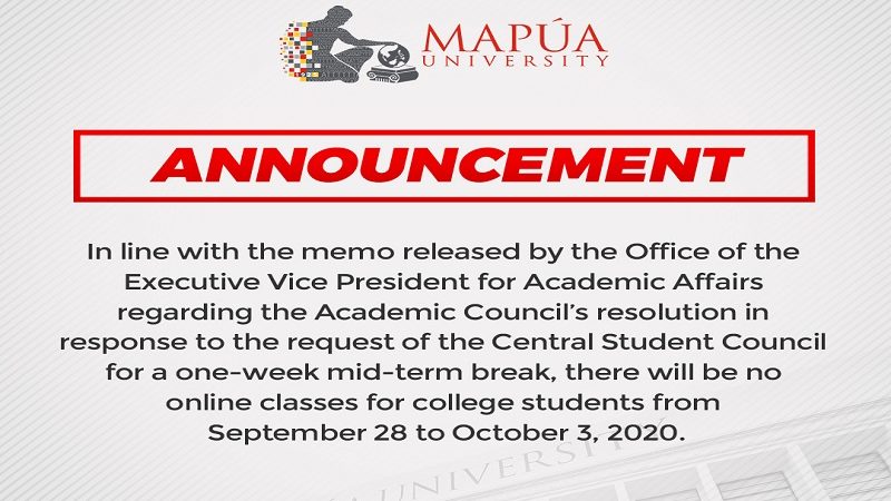 WALANGPASOK: Mapua University may ilang araw na “rest and de-stress” period