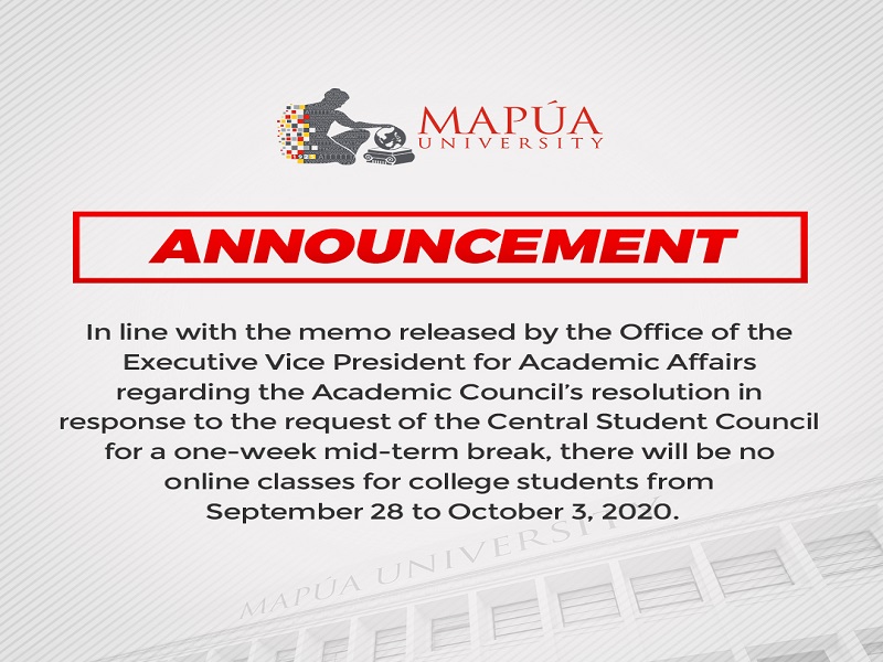 WALANGPASOK: Mapua University may ilang araw na “rest and de-stress” period