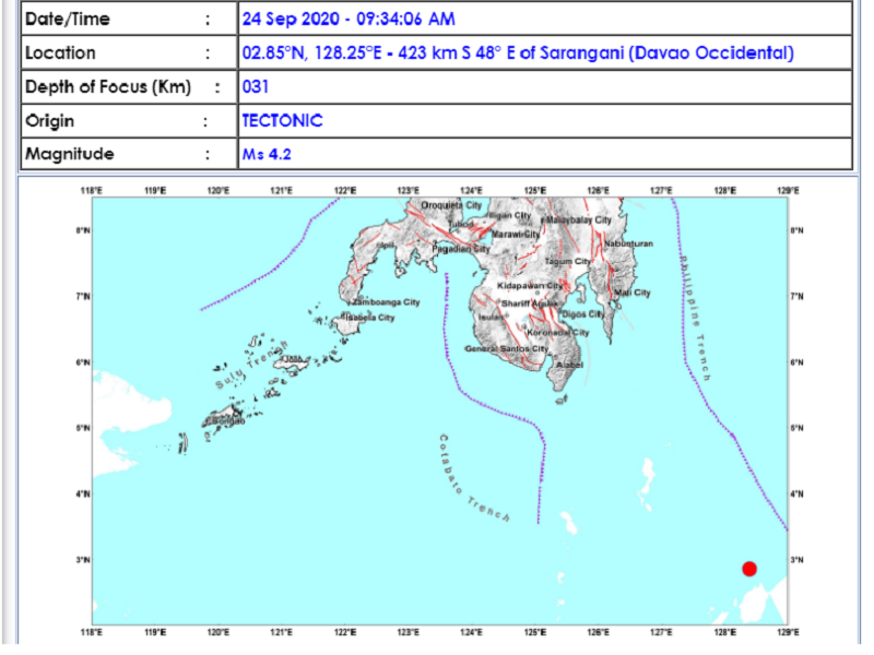 Sarangani, Davao Occidental niyanig ng magnitude 4.2 na lindol