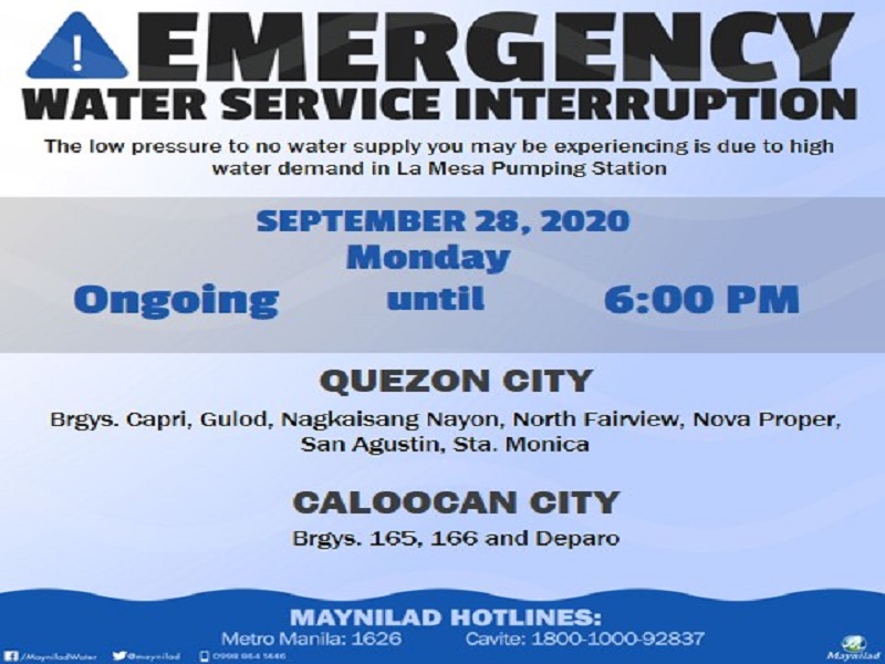 Bahagi ng QC, Caloocan, Valenzuela at Bulacan nakararanas ng water service interruption – Maynilad