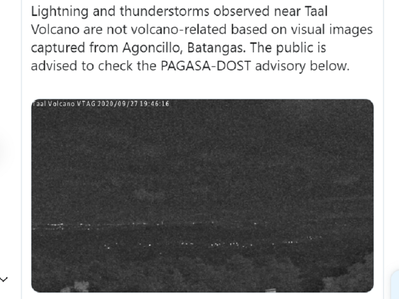 Pagkulog at pagkidlat na naranasan kagabi sa Agoncillo, Batangas walang kinalaman sa Bulkang Taal – PHIVOLCS