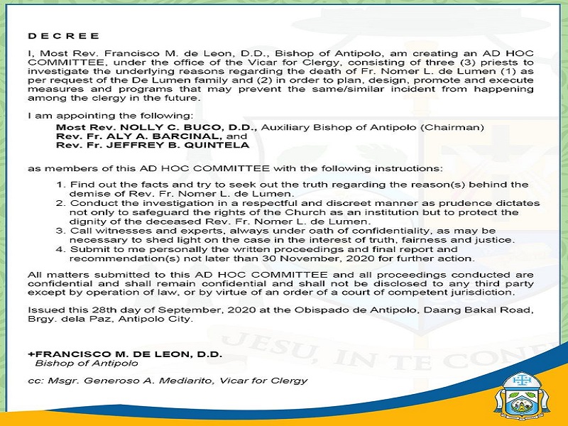 Ad hoc committee binuo ng Antipolo Diocese para imbestigahan ang pagkasawi ng isang pari sa Taytay