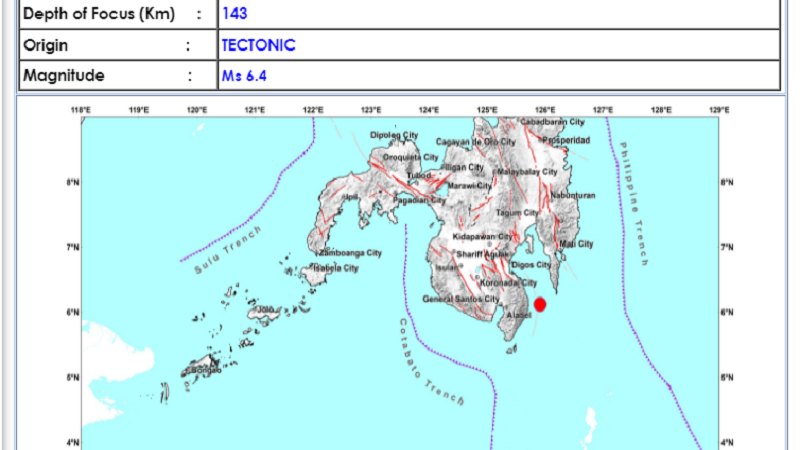 Magnitude 6.4 na lindol tumama sa Davao Occidental