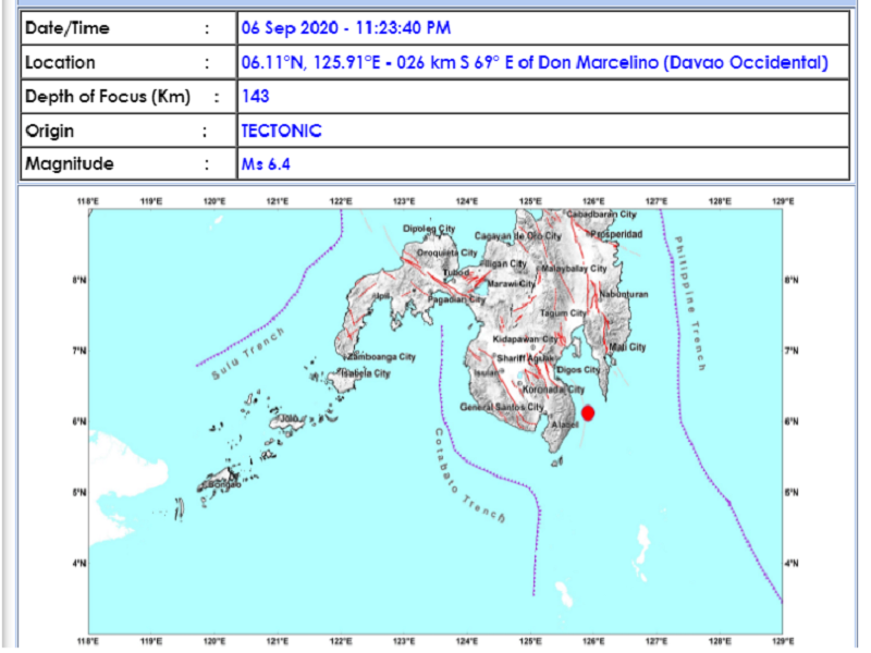 Magnitude 6.4 na lindol tumama sa Davao Occidental