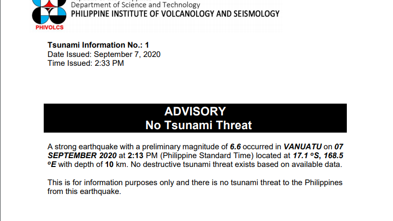 Pangamba ng tsunami pinawi ng Phivolcs matapos ang magnitude 6.6 na lindol sa Vanuatu