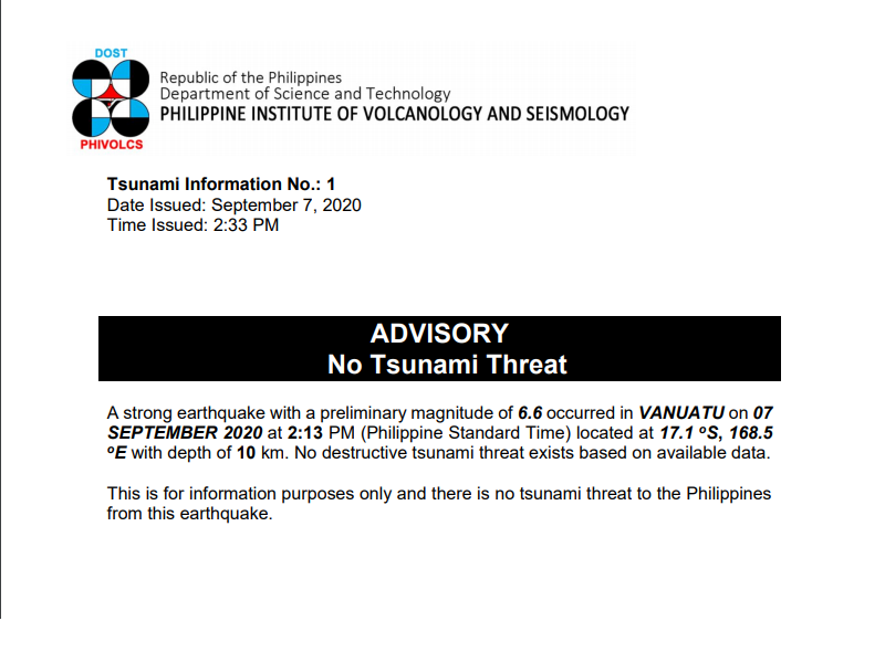 Pangamba ng tsunami pinawi ng Phivolcs matapos ang magnitude 6.6 na lindol sa Vanuatu