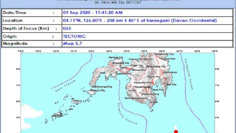 Magnitude 5.7 na lindol tumama sa Davao Occidental