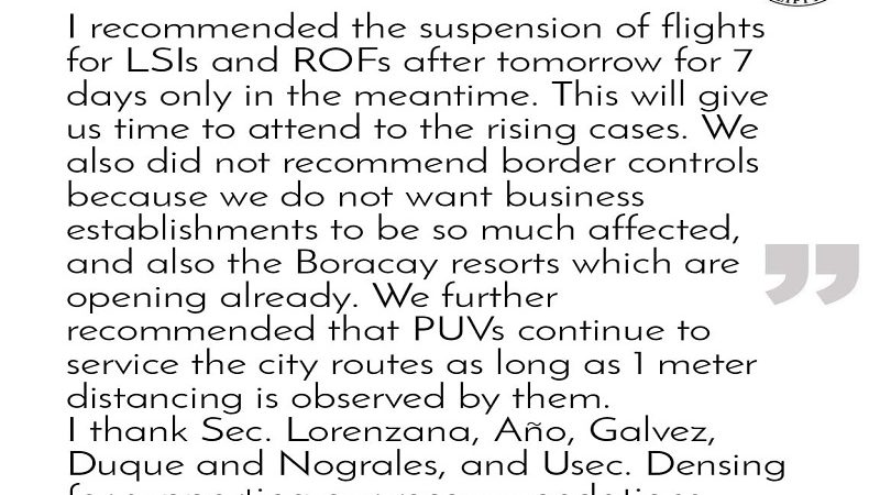 Pagpapauwi ng LSIs at overseas Filipinos sa Iloilo City suspendido ng pitong araw