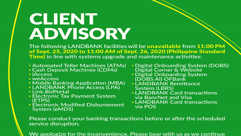 Landbank may systems upgrade; ATMs, Mobile Banking pansamantalang hindi magagamit
