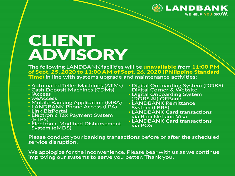 Landbank may systems upgrade; ATMs, Mobile Banking pansamantalang hindi magagamit