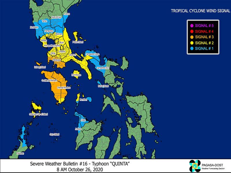 Typhoon Quinta nasa bisinidad na ng Mamburao, Occidental Mindoro; TCWS No. 3 nakataas pa rin sa maraming lugar sa Batangas at Mindoro