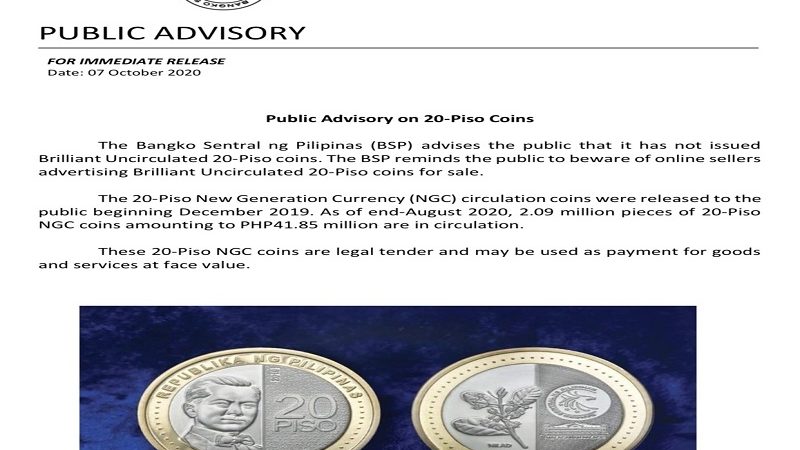 BSP may babala sa publiko sa mga nagbebenta online ng 20-peso coin