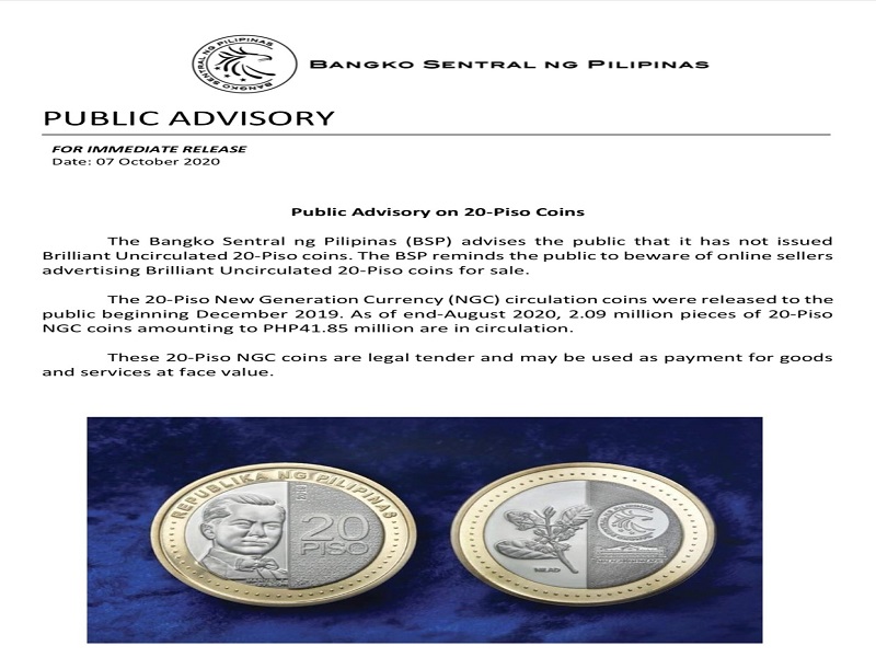 BSP may babala sa publiko sa mga nagbebenta online ng 20-peso coin