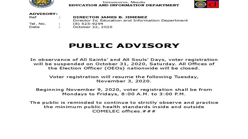 Voter registration suspendido sa Oct. 31