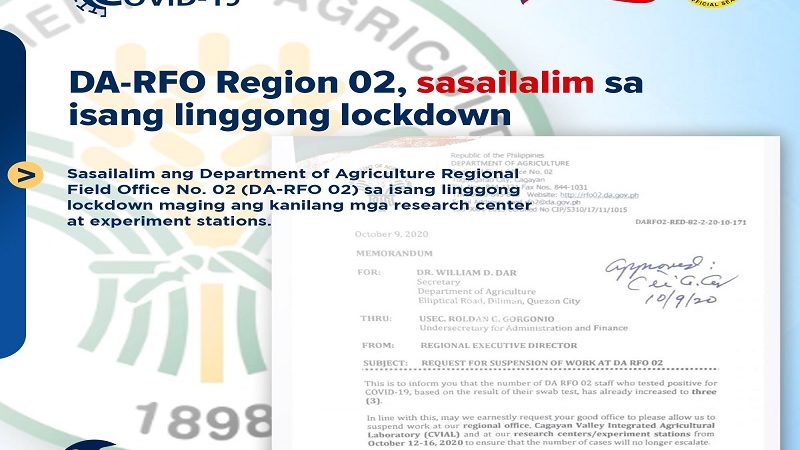 Regional Field Office ng DA sa Region 2 sasailalim sa isang linggong lockdown
