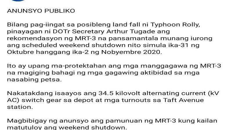 Shutdown sa operasyon ng MRT-3 mula bukas hanggang Nov. 2 kinansela dahil sa Typhoon Rolly