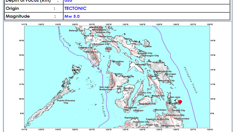 Magnitude 5.0 na lindol naitala sa Dapa, Surigao Del Norte