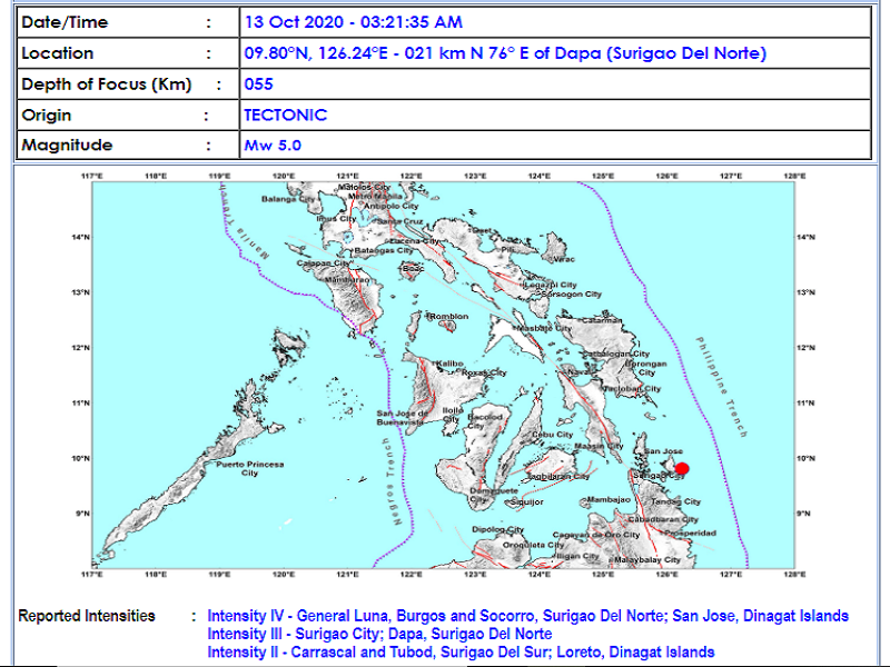 Magnitude 5.0 na lindol naitala sa Dapa, Surigao Del Norte