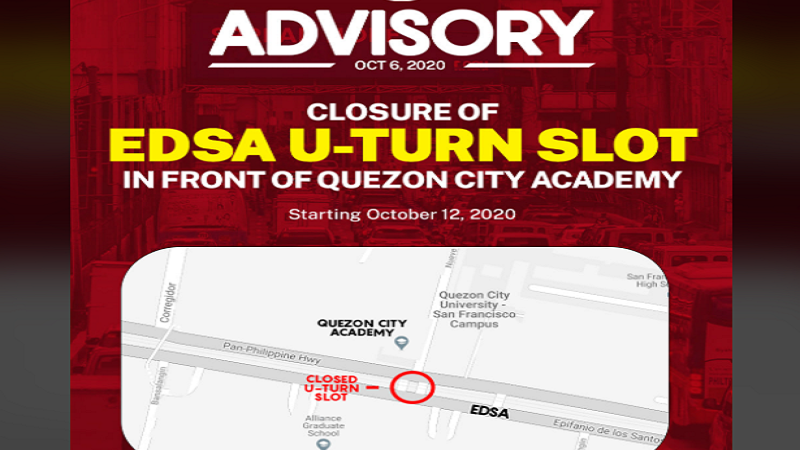 U-turn slot sa harap ng Quezon City Academy sa EDSA isasara simula sa Lunes