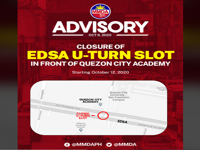 U-turn slot sa harap ng Quezon City Academy sa EDSA isasara simula sa Lunes