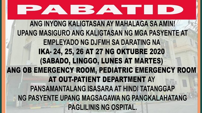 Fabella Hospital sa Maynila hindi muna tatanggap ng pasyente