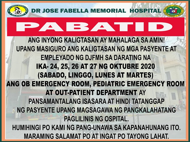 Fabella Hospital sa Maynila hindi muna tatanggap ng pasyente