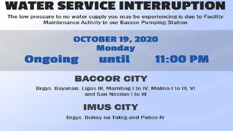 Bahagi ng Bacoor City at Imus City nakararanas ng water service interruption