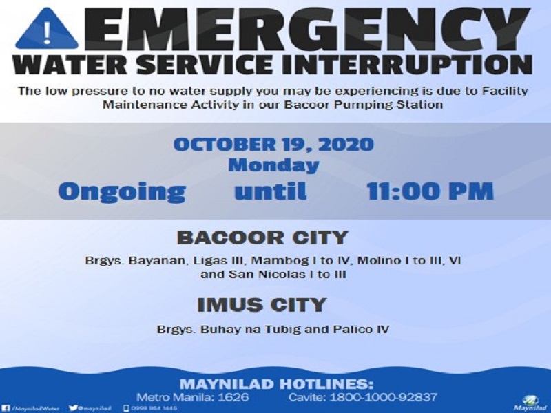 Bahagi ng Bacoor City at Imus City nakararanas ng water service interruption