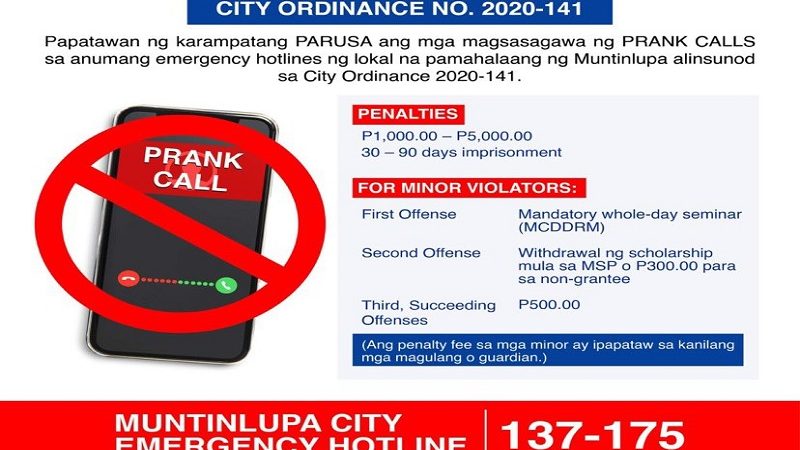 Muntinlupa City LGU nagpasa ng ordinansa na magpapataw ng parusa sa mga prank caller