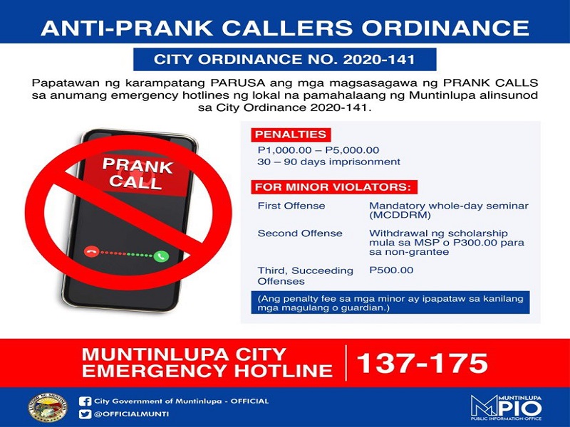 Muntinlupa City LGU nagpasa ng ordinansa na magpapataw ng parusa sa mga prank caller