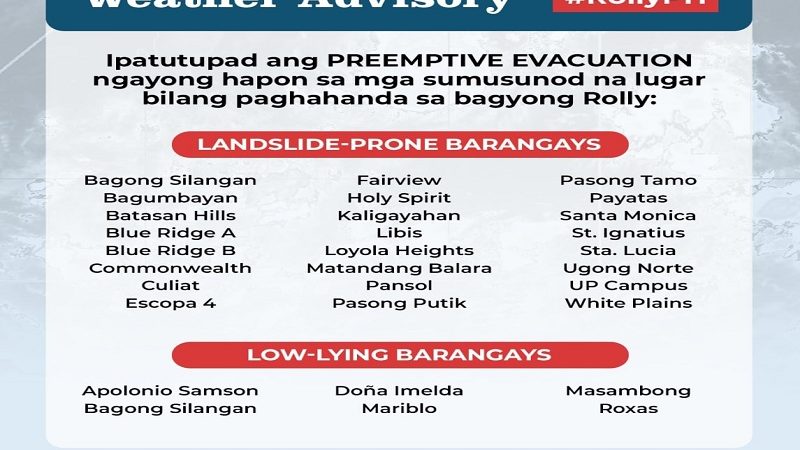 Preemptive evacuation ipinatupad sa mga landslide-prone at low-lying barangay sa QC