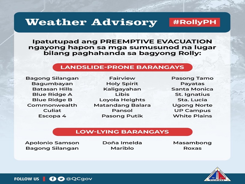 Preemptive evacuation ipinatupad sa mga landslide-prone at low-lying barangay sa QC