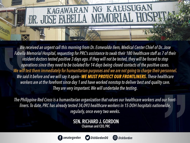 Pitong doctor sa Fabella Hospital nagpositibo sa COVID-19; 180 na staff sasailalim sa swab test