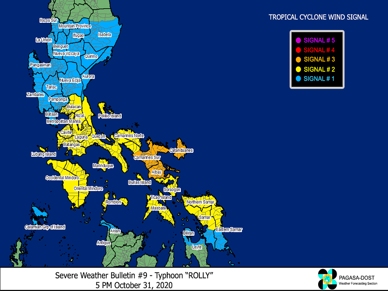 Typhoon Rolly napanatili ang lakas; Tropical Cyclone Wind Signal No 3, No. 2 at No. 1 nakataas sa maraming lugar