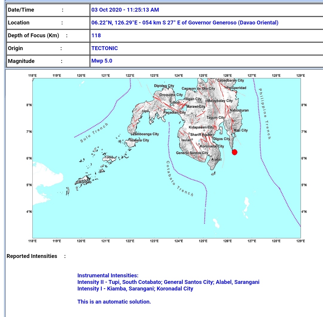 Davao Oriental niyanig ng magnitude 5.0 na lindol