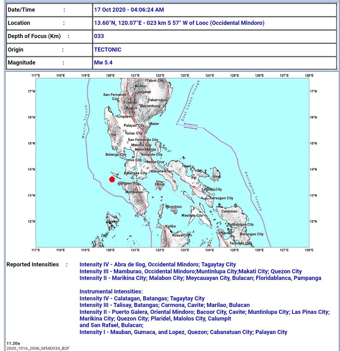 M5.4 na lindol tumama sa Occidental Mindoro; pagyanig naramdaman sa Metro Manila