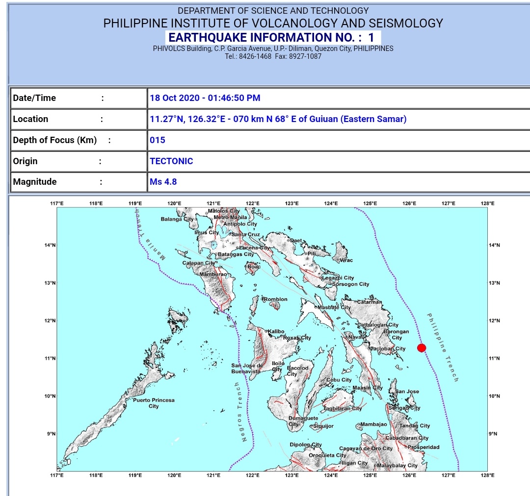 Guiuan, Eastern Samar niyanig ng magnitude 4.8 na lindol