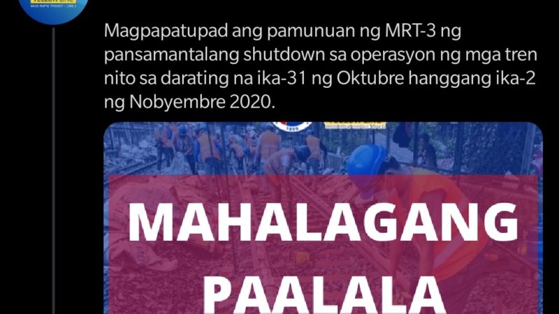 MRT-3 tigil -operasyon mula Oct. 31 hanggang Nov. 2