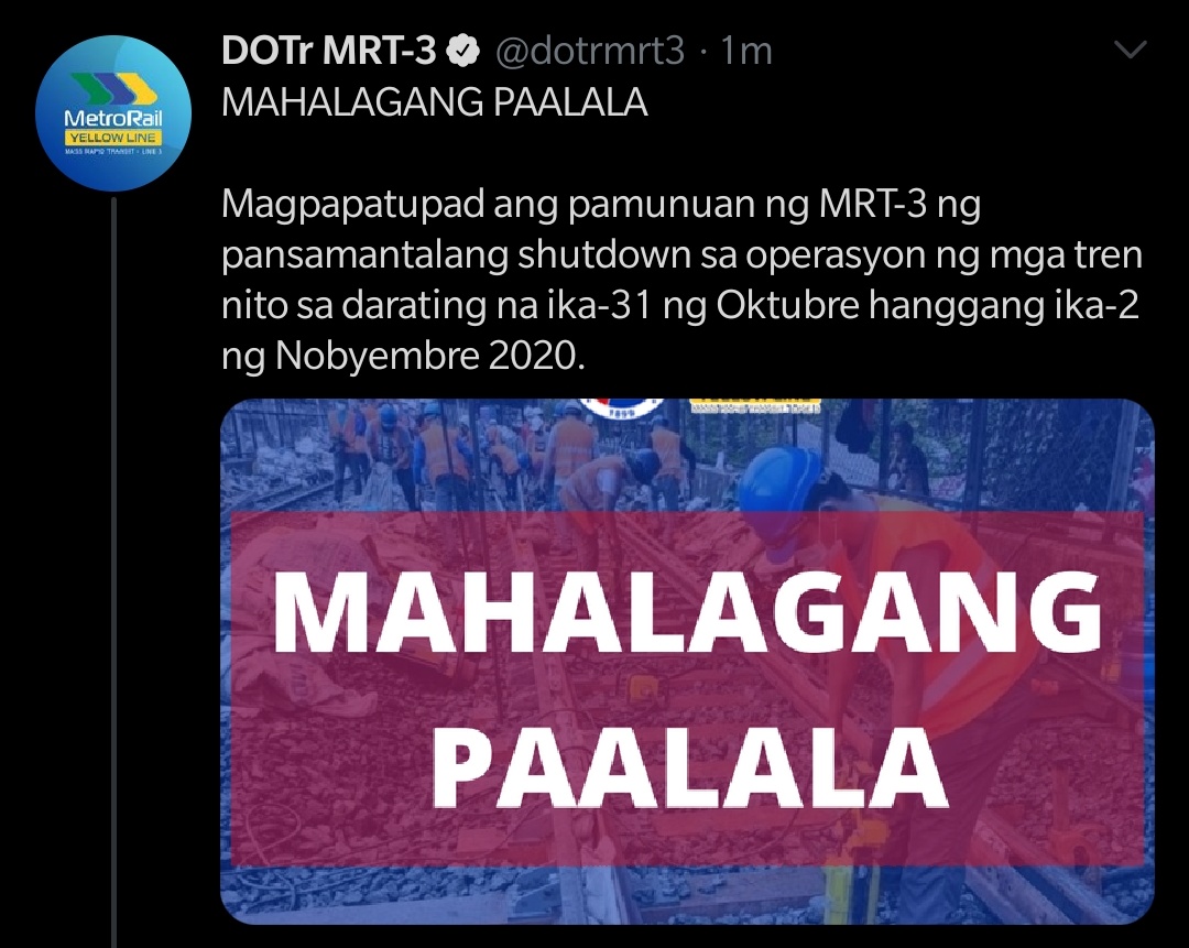 MRT-3 tigil -operasyon mula Oct. 31 hanggang Nov. 2