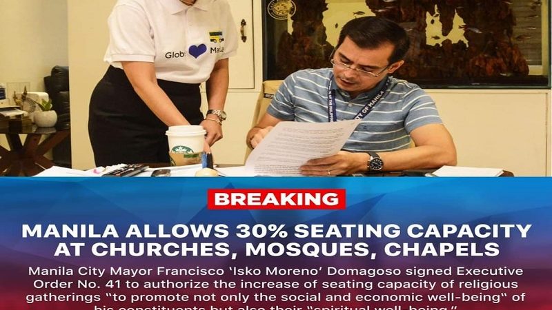 EO na nagtataas ng bilang ng pwedeng pumasok sa mga simbahan sa nilagdaan ni Mayor Isko Moreno