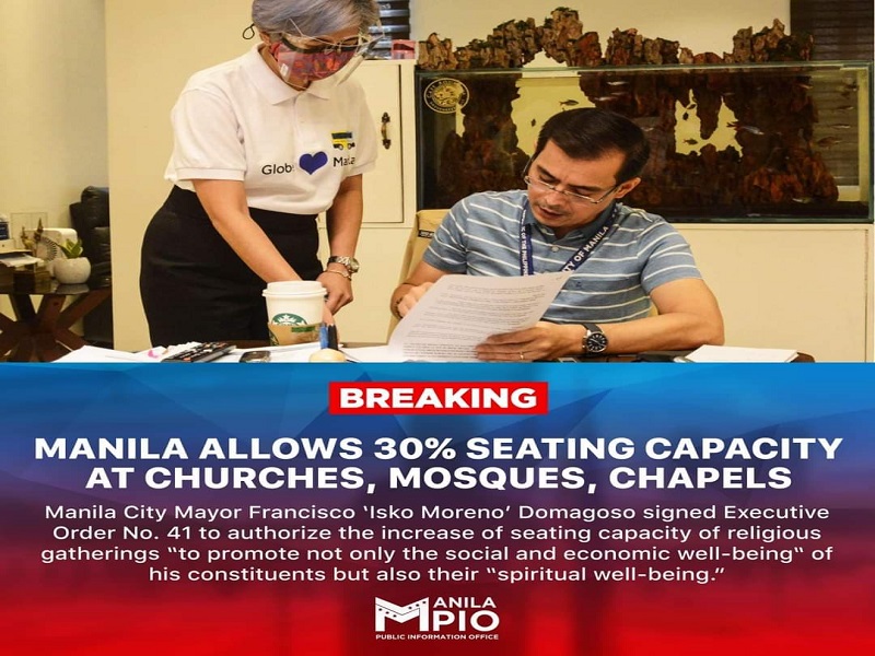 EO na nagtataas ng bilang ng pwedeng pumasok sa mga simbahan sa nilagdaan ni Mayor Isko Moreno