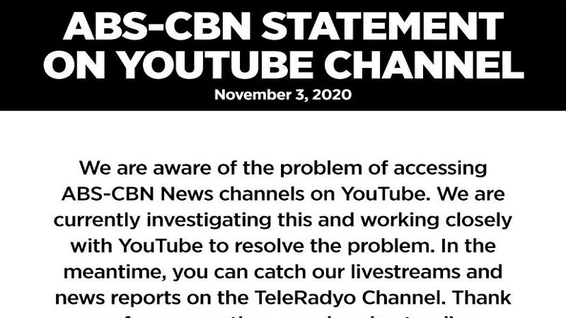 YouTube account ng ABS-CBN terminated dahil sa paglabag umano sa terms of service