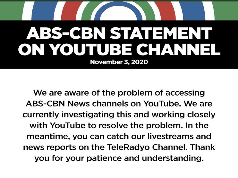 YouTube account ng ABS-CBN terminated dahil sa paglabag umano sa terms of service