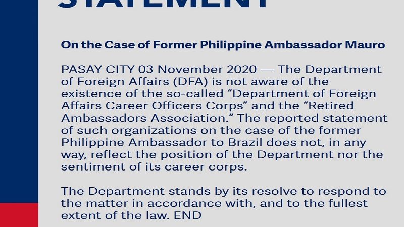 Pahayag ng suporta ng nagpakilalang grupo ng mga retired ambassador kay Amb. Mauro walang epekto sa imbestigasyon ng DFA